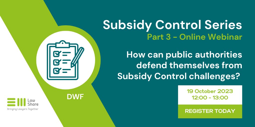 EMLawshare's tweet photo. Knowing how local authorities can protect themselves against #SubsidyControl challenges is essential.
This #webinar hosted by Jonathon Branton, Alexander Rose, and Michelle Maher of @DWF_Law will tell you all you need to know.
Sign up now: https://t.co/5ZUNNAzEZP
#EMLawshare https://t.co/cavhZoL71s