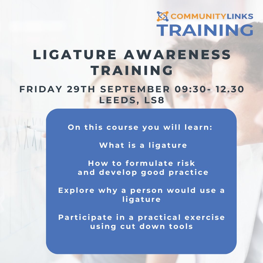 Book this Leeds-based half-day Ligature awareness course today! Developed to provide practitioners with a firm understanding of ligature risks facing front line practitioners. ow.ly/5tSo50PNaok
#CommunityLinksTraining #Training #Leeds #LigatureAwareness #frontlineworker