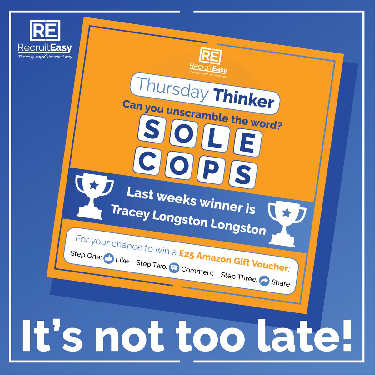 RecruitEasy's tweet photo. You still have time to enter the #thursdaythinker and you could win a £25 Amazon voucher.
The winner will be announced on Thursday. Good Luck!
https://t.co/VbAQudijDg
#thursday #RecruitEasy https://t.co/bRq9JY5RQu