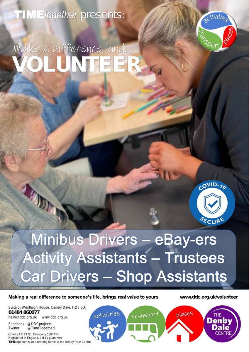 We need your help. Mini bus drivers, Car drivers, shop assistants, and more. Visit our website to register. ddc.org.uk/volunteer #caringcommunities #helpushelpothers #kirklees #volunteer #TimeTogether ddc.org.uk