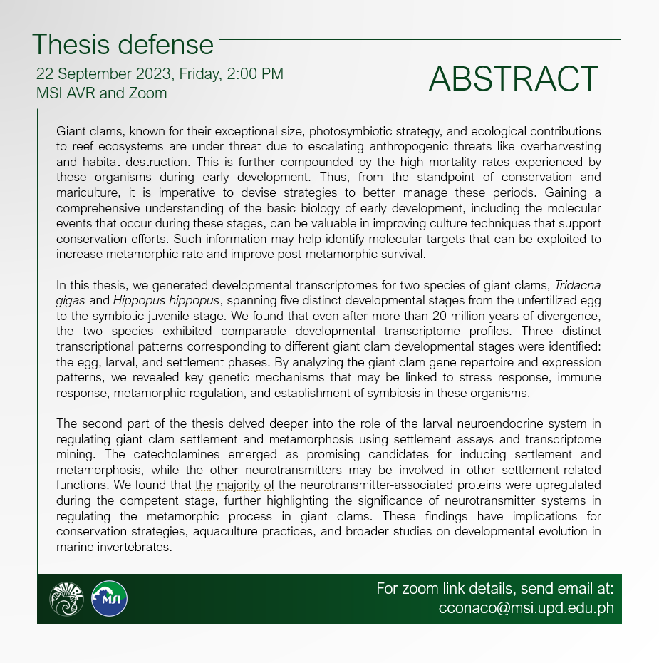 mmbl_upmsi's tweet photo. Hi guys!

We invite everyone to Keana's thesis defense on the Neuroendocrine Regulation of the Metamorphic Transition of Giant Clams. This will be held on Friday, 22 September 2023 at 2:00 PM. https://t.co/UkD93RKwAe