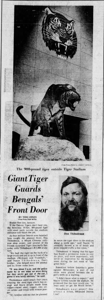 Detroit70s's tweet photo. Oct 1972: Mt Clemens collision shop owner Don Thibodeaux constructs a 10-ft 900-lb Tiger and drops it at the corner of Michigan and Trumbull.

The public turns on Don after about a week when he puts the Tiger up for sale at the exorbitant amount of $130k. https://t.co/az8aCH0jQ3