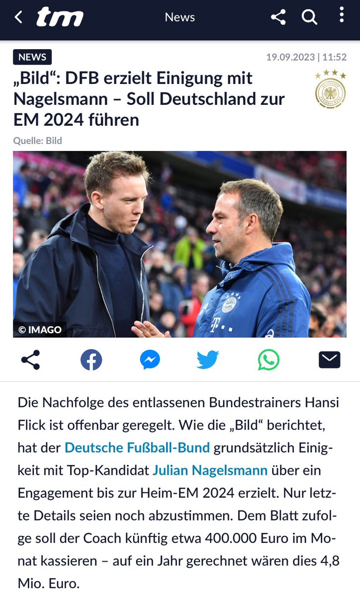 #DieMannschaft hat einen neuen Trainer. Herr #Nagelsmann bekommt bekommt 400 000 € - im Monat. Das ist nur noch krank.