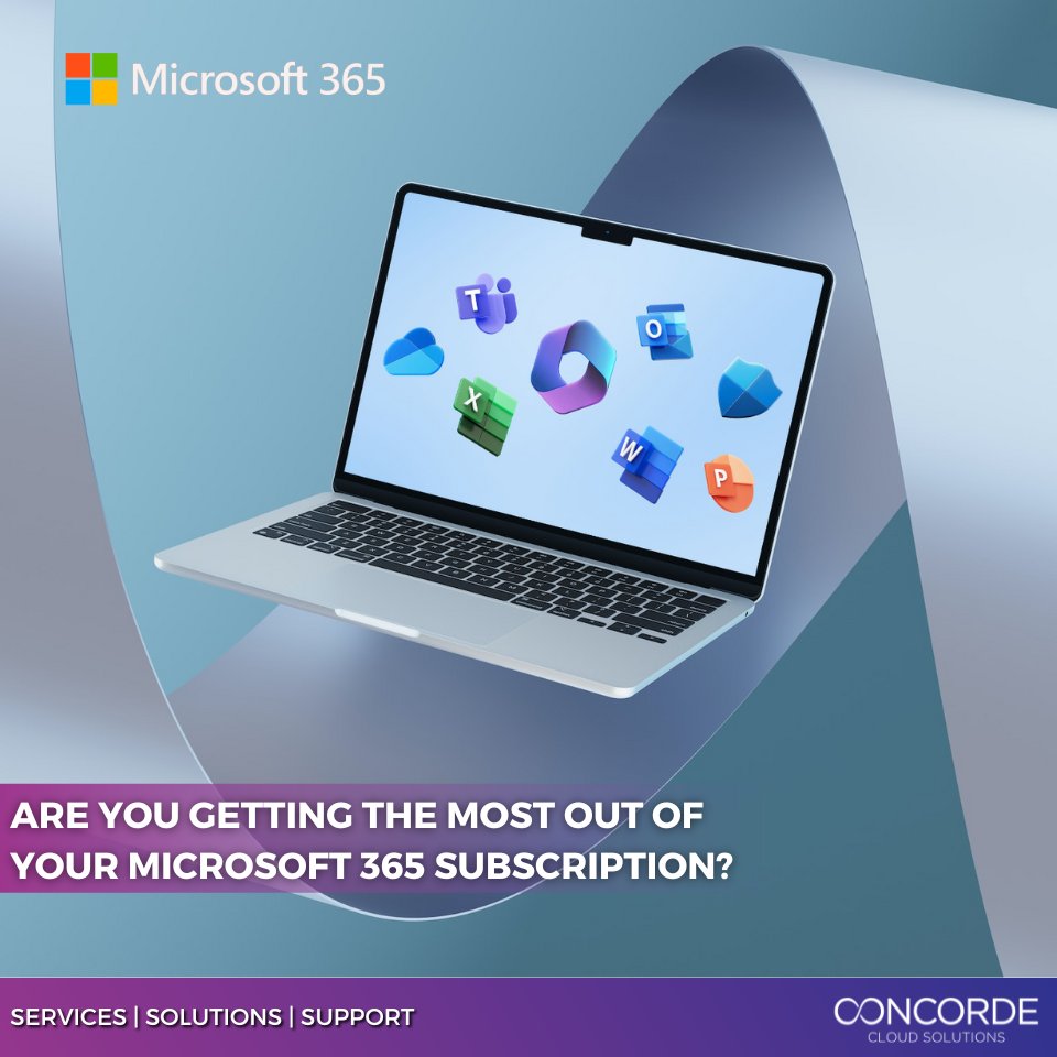 ConcordeCloud's tweet photo. Do you think you could get more value out of your subscriptions?

Getting the most out of a Microsoft 365 subscription involves taking advantage of its productivity and security features.

Get in touch today
 
https://t.co/oXOiq54OuV
#microsoft365 #cloudsolutions https://t.co/0Eip3u6OG3