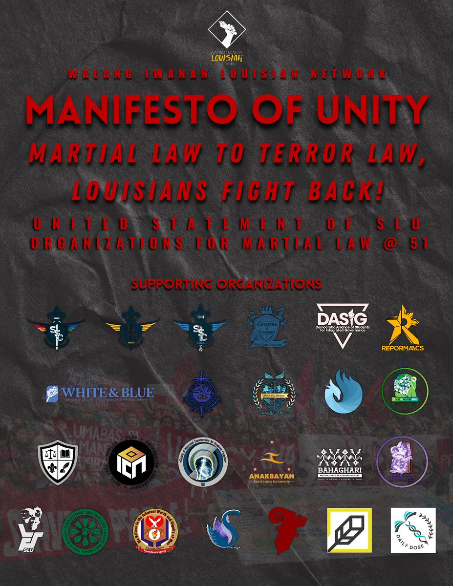 dasig_slu's tweet photo. [SLU MANIFESTO OF UNITY FOR ML COMMEMORATION]

Martial Law to Terror Law, Louisians Fight Back!
United Statement of SLU Organizations for Martial Law @ 51

Full statement: https://t.co/IKaKj3Hb2P

#MLat51 
#NeverAgain 
#SaanToManen 
#RejectMarcosDuterte 
#DefendCordilleraPH https://t.co/InNv1WIXlM