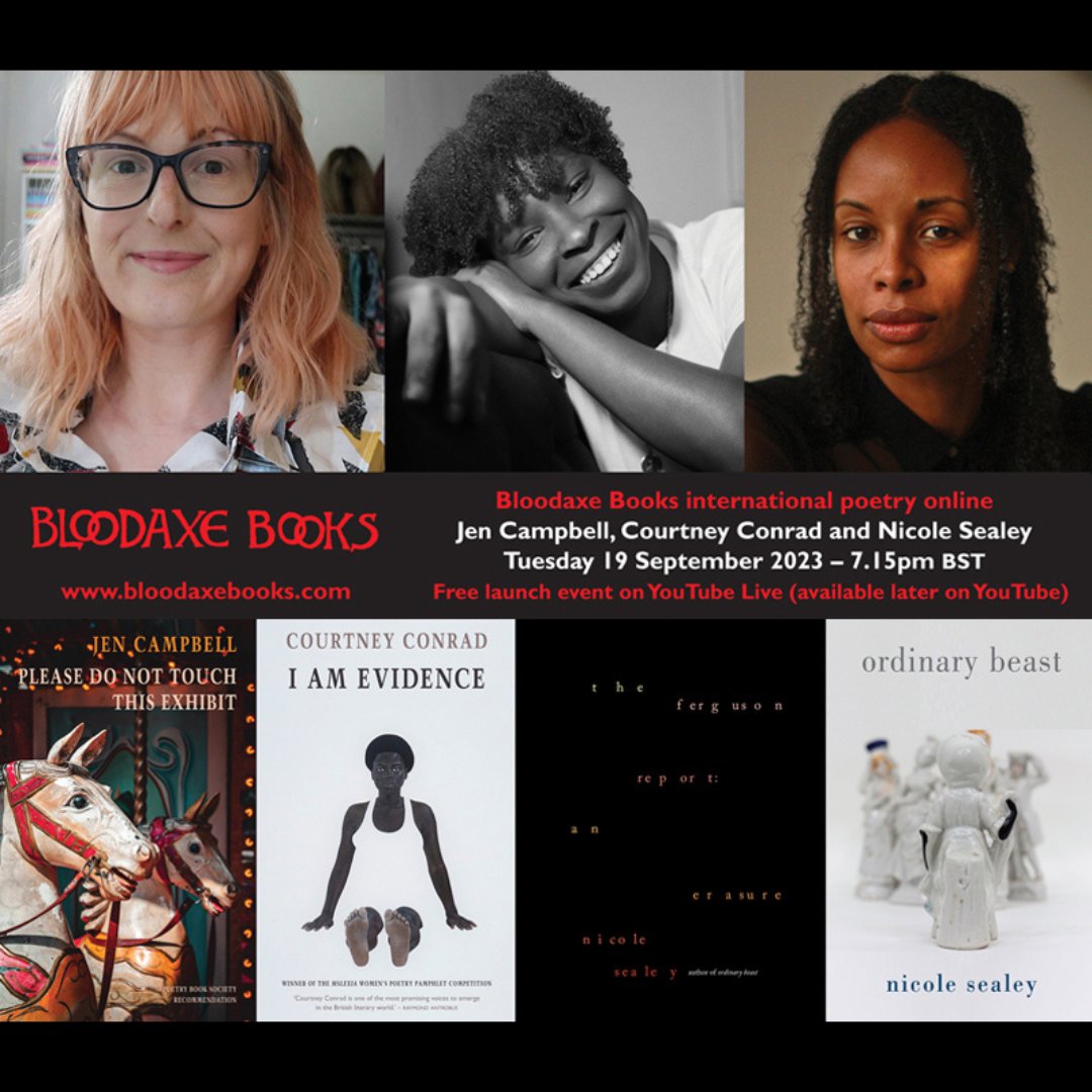 Don't forget about tonight's online launch readings with @Nic_Sealey, @courtneyconrad_ & @jenvcampbell. All three poets will be reading from their brilliant new work and discussing with @johndchallis 19:15 BST / 14.15 EDT (or watch later on YouTube): youtube.com/live/XMOWG0Q2f…