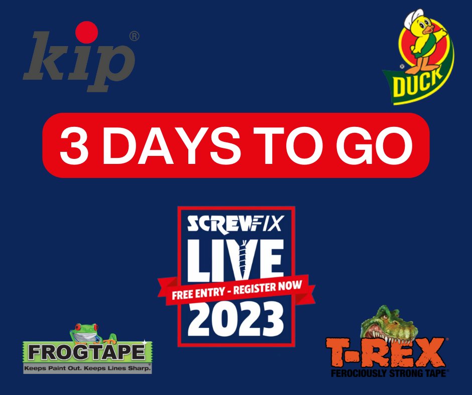 3 days till <a href="/Screwfix/">Screwfix</a> Live!🛠️

We are excited to join all of the brands attending and cannot wait to see all of you there!

Have you got your tickets yet?

screwfix-live-2023.reg.buzz 

#FrogTape #DuckTape #KipTape #TREXTape #ScrewfixLive