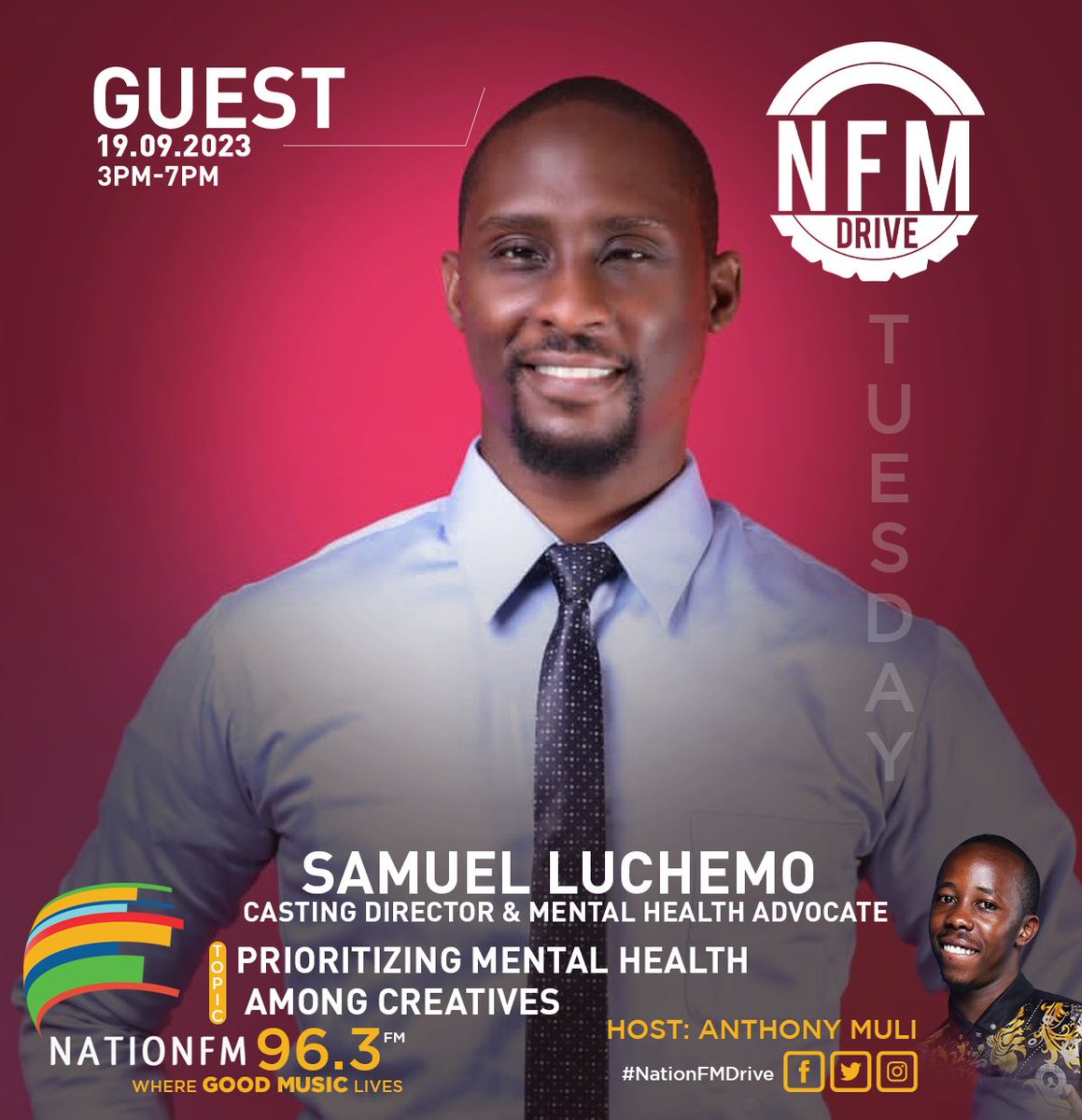 samuelluchemo's tweet photo. Tune in today to join us Live on NATION FM DRIVE Show from 5PM to 7PM EAT as we discuss extensively on Prioritising Mental Health among Creatives and the Youth so as to Prevent Depression and avoid Suicidal Case's #MentalHealthAwareness #SuicidePrevention #Inclusion #Africa https://t.co/zaeqaQfMdq