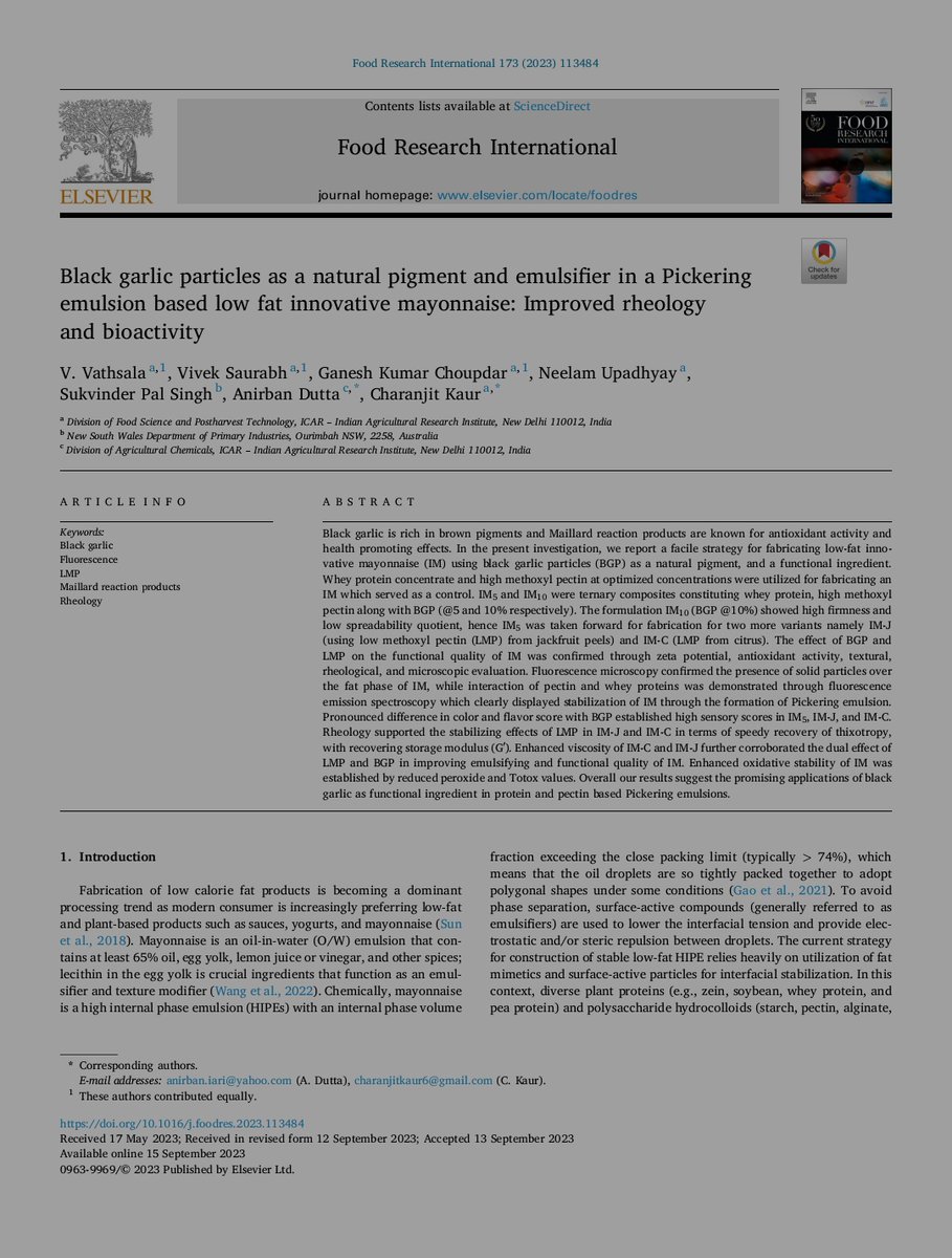 Vathsala_17's tweet image. I'm thrilled to announce that we have successfully published a paper in Food Research International, which boasts an impressive impact factor of 8.1!
doi.org/10.1016/j.food… 
#pickeringemulsion #blackgarlic #pectin #mayonnaise