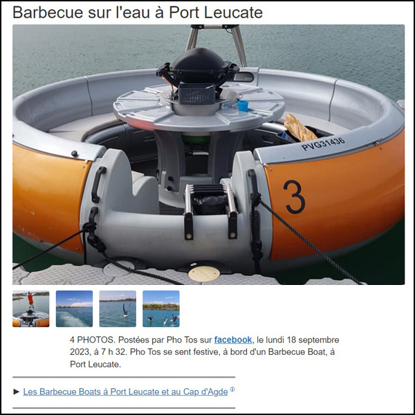 Jfs29Jean's tweet image. SOPHIE. Lun 18.09.2023, 7:32. Barbecue sur l'eau à Port Leucate tinyurl.com/So9146 4 PHOTOS. Postées par Pho Tos sur facebook, le lundi 18 septembre 2023, à 7 h 32. Pho Tos se sent festive, à bord d'un Barbecue Boat, à Port Leucate… #barbecueboat #portleucate