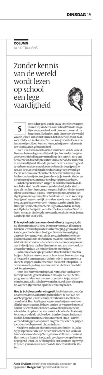 'Kennis is oorzaak, gevolg en voorspeller van begrijpend lezen'. Jammer dat dit blijkbaar geen open deur meer is in ons onderwijs. 'Leren lezen kan nooit los staan van kennis van de wereld'. #AleidTruijens, #Volkskrant. #Leesonderwijs