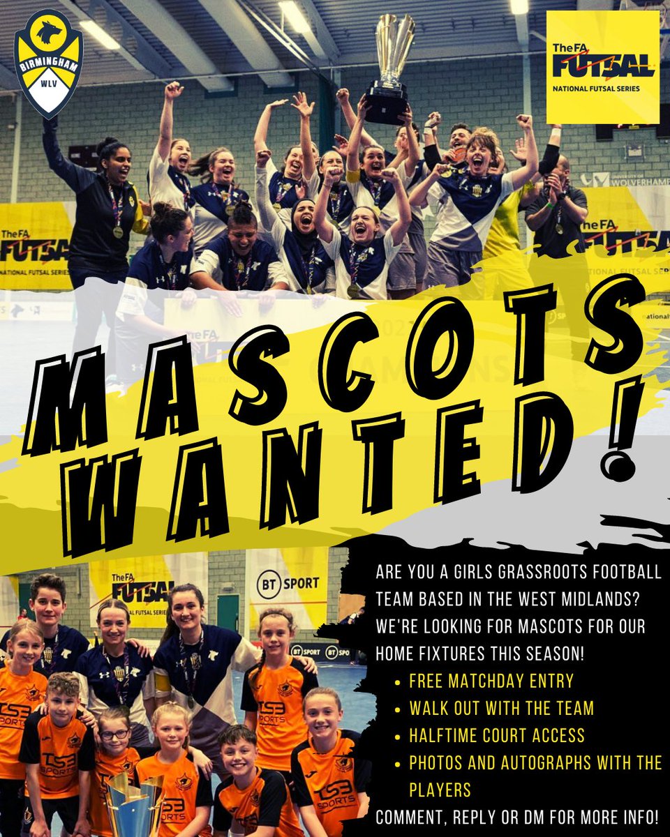 Bhamfutsalclub's tweet image. Are you a girls #grassroots football team in the West Midlands? ⚽️

We're looking for mascots for our home fixtures this season! 👩🏽‍🤝‍👩🏼

You can apply as an individual or as a team.  

Intersted? ⬇️ Comment, reply or DM us for more info!

@BirminghamFA 
@FA_NFS 
@wlv_sport 

#futsal