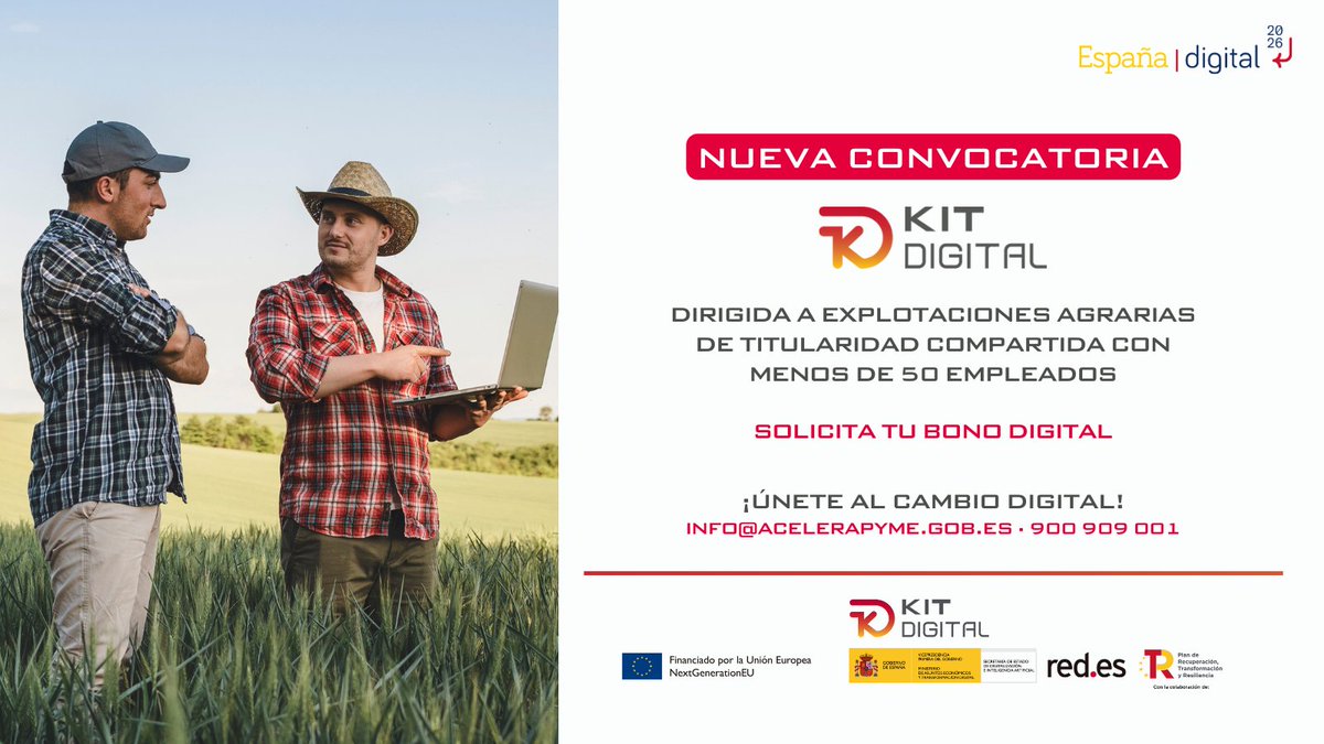🧑‍🌾La digitalización también llega al campo.
👥<a href="/redpuntoes/">Red.es</a> ha lanzado una nueva convocatoria de #KitDigitaldirigida a explotaciones agrarias de titularidad compartida.
¡Únete al cambio digital!🙌
👉tinyurl.com/2cr9nlc2
<a href="/_minecogob/">Economía, Comercio y Empresa</a> <a href="/SEDIAgob/">S.E. Digitalización e Inteligencia Artificial</a> #PlanDeRecuperación #NextGenerationEU