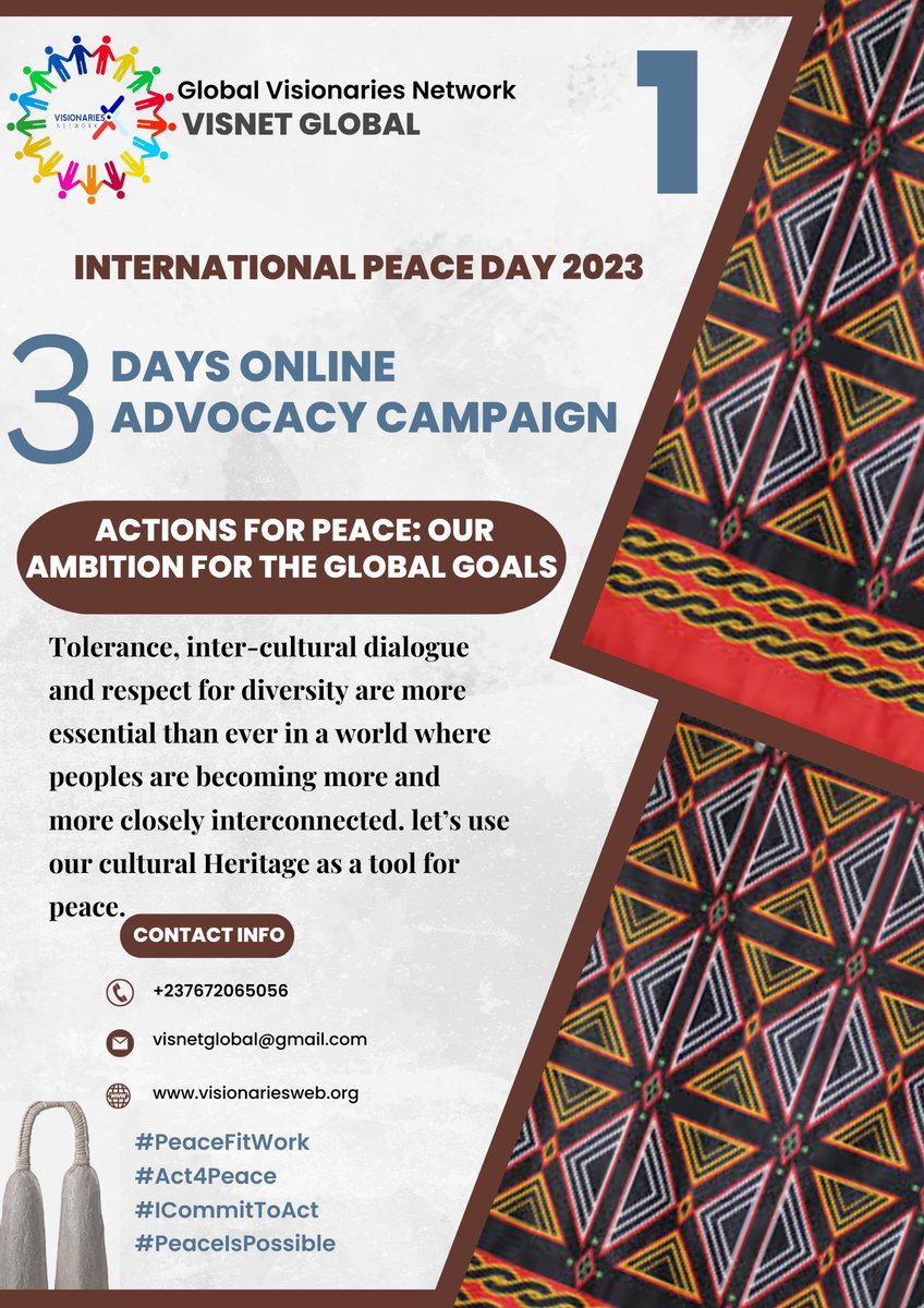 Day one of our 3Days Online Advocacy Campaign to commemorate the International #PeaceDay 2023, points out the role of Culture in peace Building, let’s use our cultural diversity as a tool to attain world peace <a href="/DefyhatenowWCA/">#defyhatenow West & Central Africa</a> <a href="/intertwilight/">r0g_open culture</a> @FES_PSCC #PeaceIsPossible <a href="/civic_watch/">Civic Watch</a>