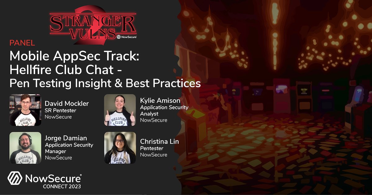 NowSecureMobile's tweet photo. The Hellfire Club Chat is back with David Mockler, Kylie Amison, Jorge Damian and Christina Lin. Catch their discussion on their best mobile #pentesting practices at this year's #NSConnect23 Stranger Vulns 2. ๐ฅ
https://t.co/cJvNyBwAH1 https://t.co/q1Risnn42S