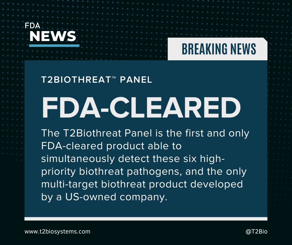 T2Bio's tweet image. We are pleased to announce that the T2Biothreat Panel has received 510(k) clearance from the FDA. This biothreat panel is the first and only FDA-cleared product able to simultaneously detect these six high-priority biothreat pathogens. ow.ly/yMpu50PNfB4