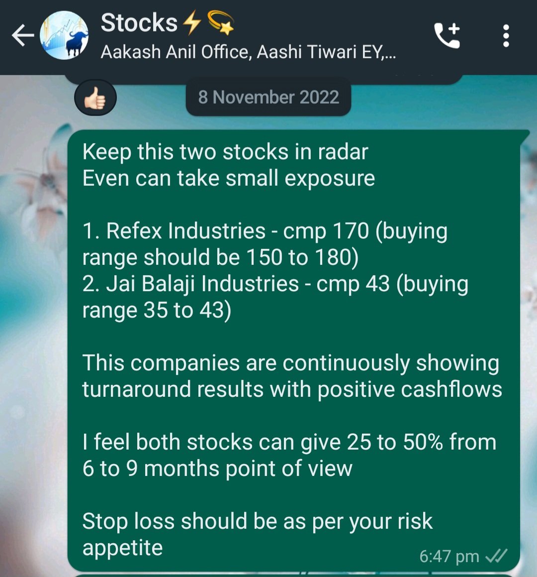 Suggested #RefexInd at 170 levels and #JaiBalaji at 43 levels in my WhatsApp group on 8th November 2022. 
#Refex made a high of 942
#JaiBalaji made a high of 396

#MultiBaggerStock #Turnaround #StockMarket
