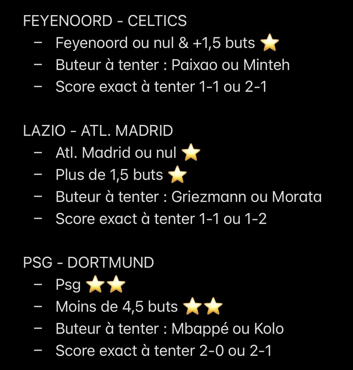NtkPronos's tweet photo. 🇪🇺 MES AVIS LIGUE DES CHAMPIONS !

💭 C’est partie pour le premier tour, des matchs très important pour certaines équipes, on va essayer de faire les bons choix

⚠️ Match à éviter
⭐️ Petite confiance
⭐️⭐️ Moyenne confiance
⭐️⭐️⭐️ Grosse confiance

❤️ PENSE AU LIKE POUR LE TRAVAIL https://t.co/WwDd04Imkr