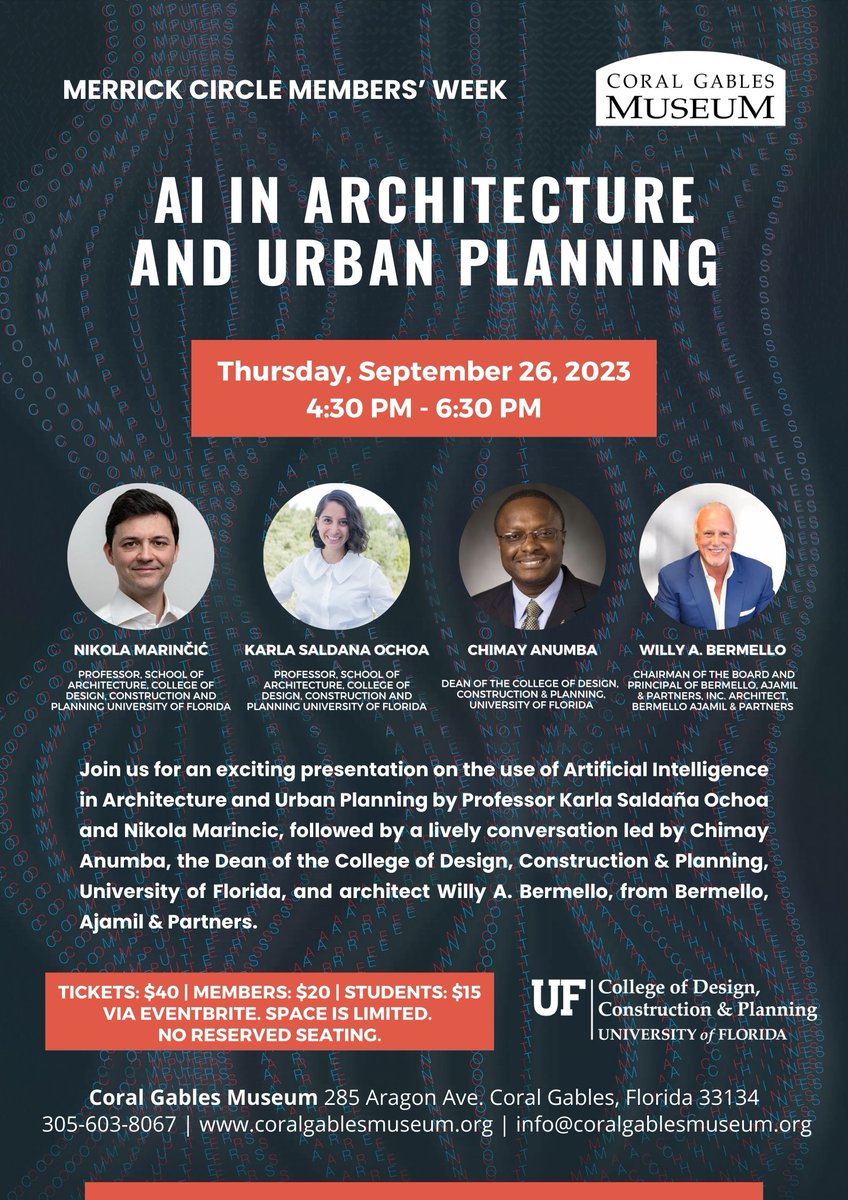 Join us for an exciting presentation on the use of Artificial Intelligence in Architecture and Urban Planning on September 26, 2023 from 4:30pm to 6:30pm at the Coral Gables Museum. Reserve your spot: eventbrite.com/.../ai-in-arch…...
#Ai #Architecture #UrbanPlanning