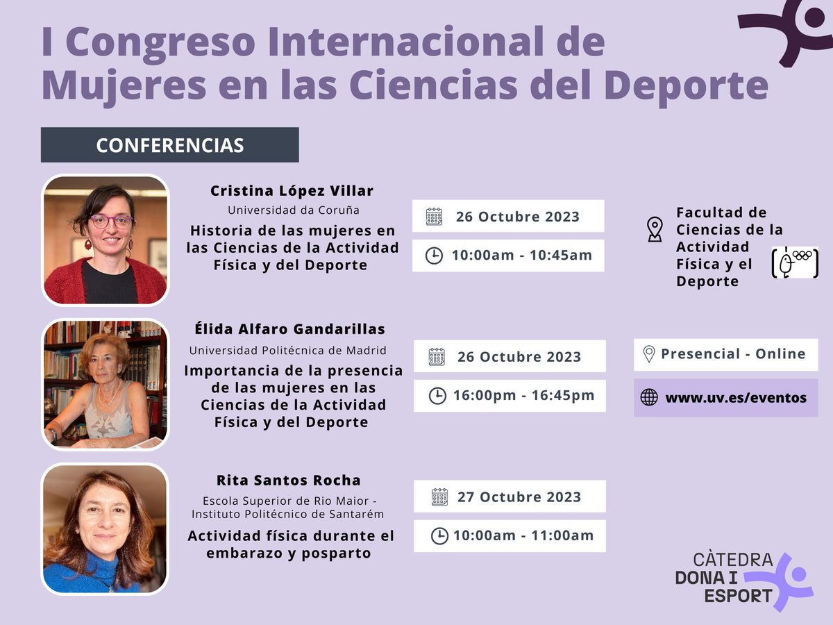 🙌🏽 Bon dia!! Ja queda menys per al I Congrés de Dones a les Ciències de l'Esport.

🗣️ Per ací podeu conèixer les 3 ponents que realitzaran les 3 conferències del congrés i els horaris en què es realitzaran.
<a href="/UDC_gal/">Universidade da Coruña</a> <a href="/La_UPM/">Universidad Politécnica de Madrid</a> <a href="/IPSantarem/">IPSantarém</a> 

👩🏽‍💻catedradonaiesportuv.com