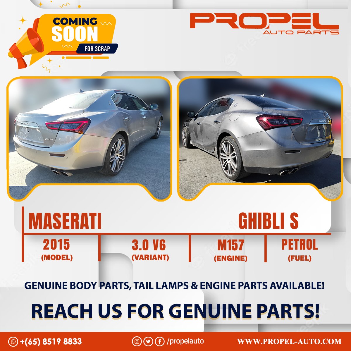 propelauto's tweet photo. Maserati Ghibli S 3.0 V6 M157 2015' Car Spares #ArrivingSoon
Text us & Book Spares for your car nowโ๐๐
#GenuineMaseratiSpares #Maserati #Ghibli #M157engine #ExoticCar #SuperCars #Singapore #ScrapCar #MaseratiRepair #GhibliRepair #RepairWorkshop #SGWorkshop #PropelAutoParts https://t.co/YT0AWYeAEy