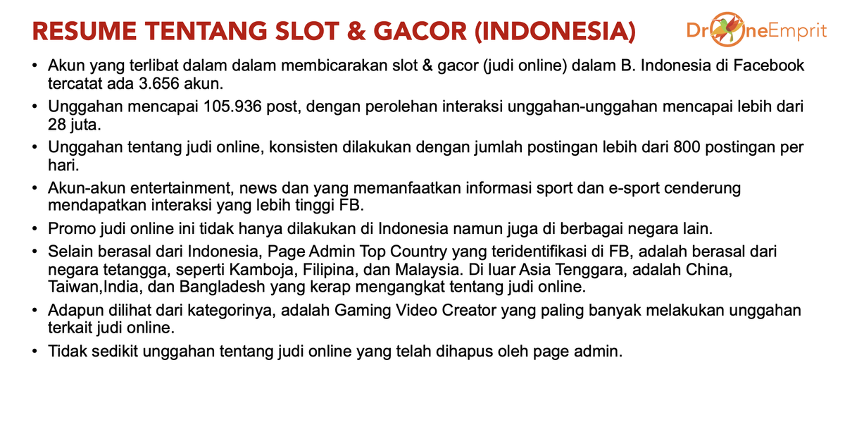 ismailfahmi's tweet photo. KESIMPULAN

1/ Akun yang terlibat dalam dalam membicarakan slot & gacor (judi online) dalam B. Indonesia di Facebook tercatat ada3.656 akun.

2/ Unggahan mencapai 105.936 post, dengan perolehan interaksi unggahan-unggahan mencapai lebih dari 28 juta.

3/ Unggahan tentang judionline, konsisten dilakukan dengan jumlah postingan lebih dari 800 postingan per hari.

4/ Akun-akun entertainment, news dan yang memanfaatkan informasi sport dan e-sport cenderung mendapatkan interaksi yang lebih tinggi FB.

5/ Promo judionline ini tidak hanya dilakukan di Indonesia namun juga di berbagai negara lain.

6/ Selain berasal dariIndonesia, Page Admin Top Country yang teridentifikasi di FB, adalah berasal dari negara tetangga, seperti Kamboja, Filipina, dan Malaysia. Di luar Asia Tenggara, adalah China, Taiwan,India, dan Bangladesh yang kerap mengangkat tentang judionline.

7/ Adapun dilihat dari kategorinya, adalah Gaming Video Creator yang paling banyak melakukan unggahan terkait judi online.

8/ Tidak sedikit unggahan tentang judionline yang telah dihapus oleh page admin.