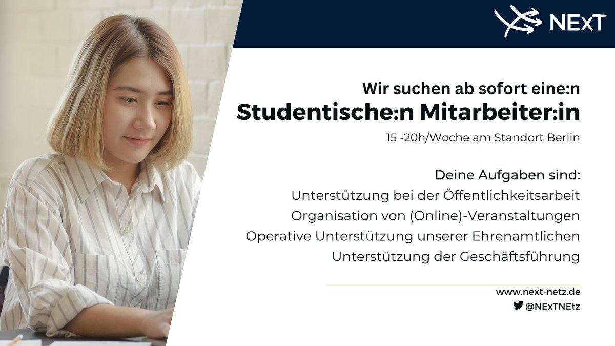Wir suchen eine:n Werkstudent:in! Für flexible 15-20/h die Woche, gerne in Berlin,  16 € Stundenlohn. Super Team, super Ausstattung und ganz viele Möglichkeiten, eigene Ideen einzubringen. Gerne weiterleiten oder direkt selber bewerben! next-netz.de/ab-sofort-next…