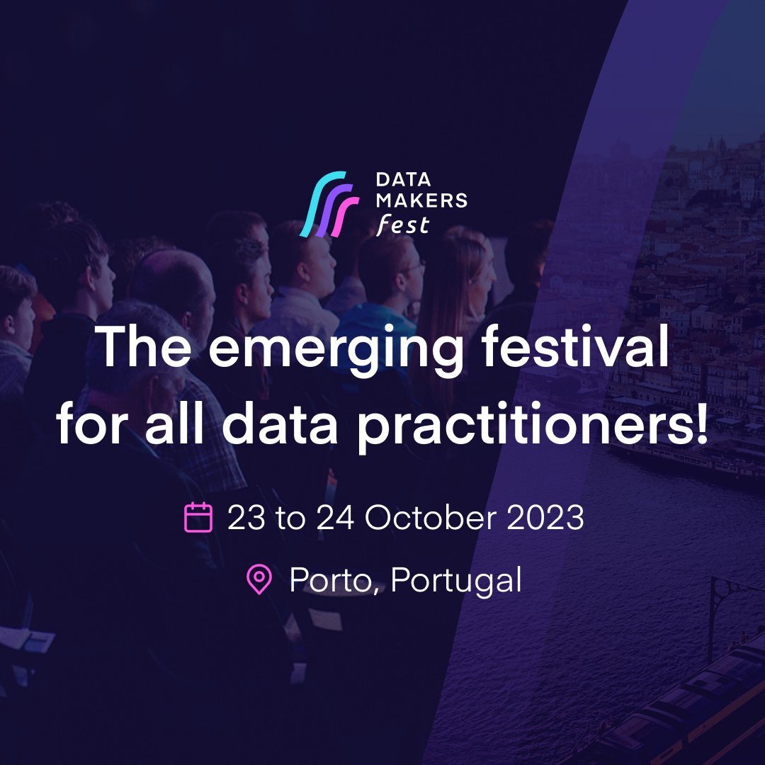 Data Makers Fest is coming to Porto on 23-24 October 2023! 🚀
Join the ultimate festival for #datascience professionals 🤖 Use our discount code: DATACENTRIC10 and enjoy 10% off your ticket. 
#DataMakersFest #DataProfessionals #DataConference