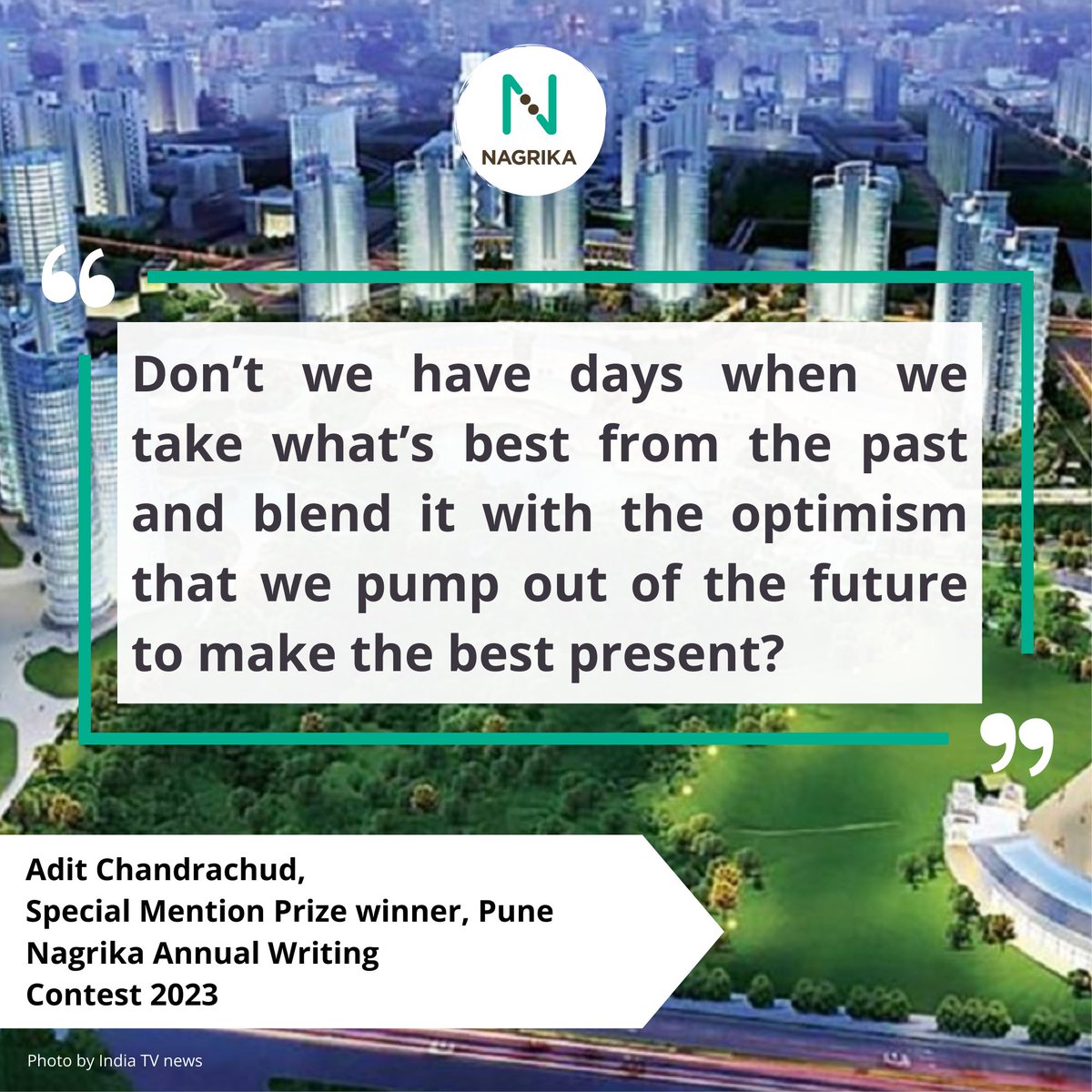Our 2nd special mention is Adit Chandrachud. The essay 'Lady Punekar' delves into the introspection of a city that struggles to balance its rich history with the tempting allure of future prospects. 

Use this link to read the full essay- nagrika.org/nagrikalarticl…

#Nagrika #Pune