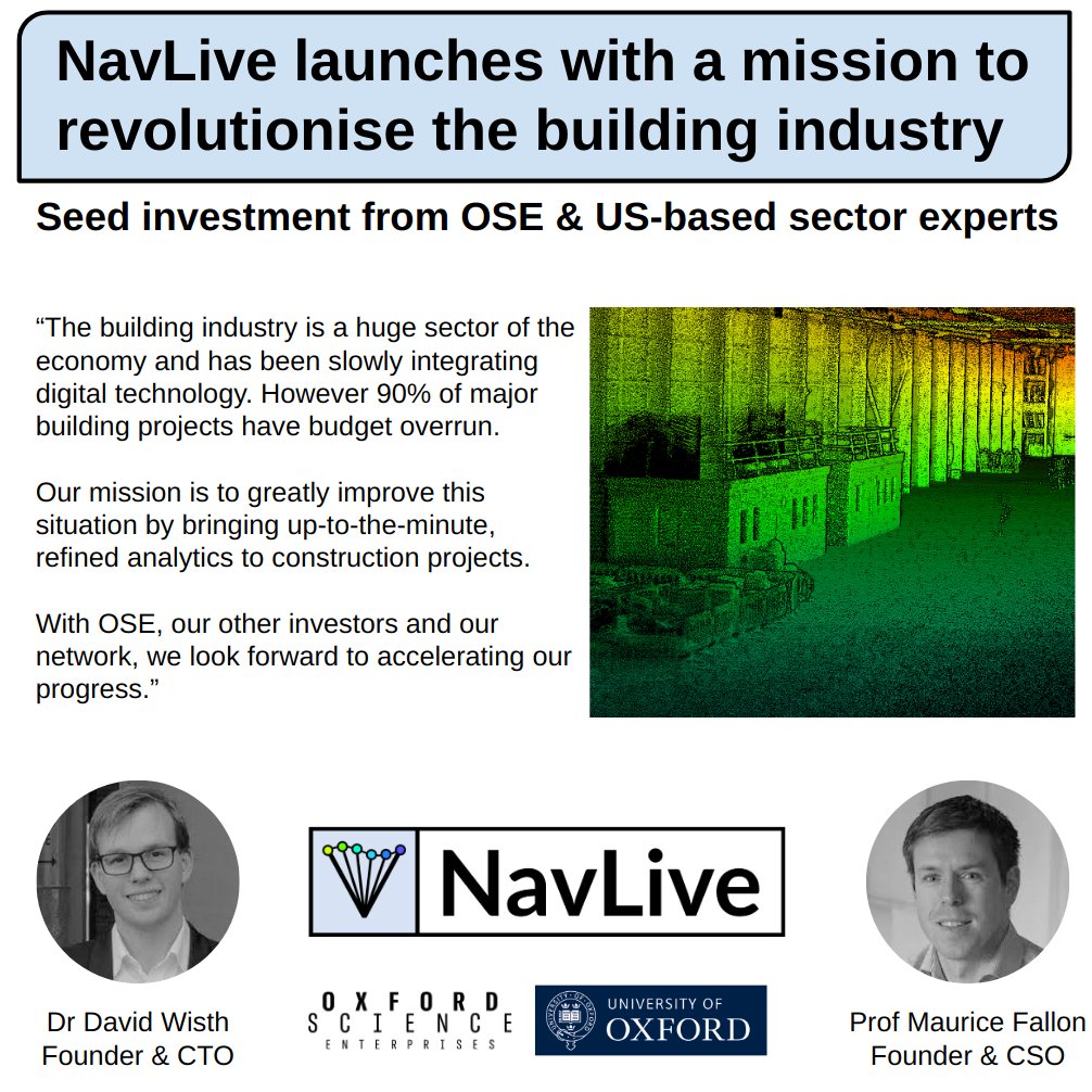 We are delighted to announce that we’ve secured seed funding!

We are a spin-out from <a href="/UniofOxford/">University of Oxford</a>  building on a portfolio of award winning 3D mapping technology. 
Read our full announcement here: tinyurl.com/navlive-news

We are also hiring: navlive.co.uk/careers