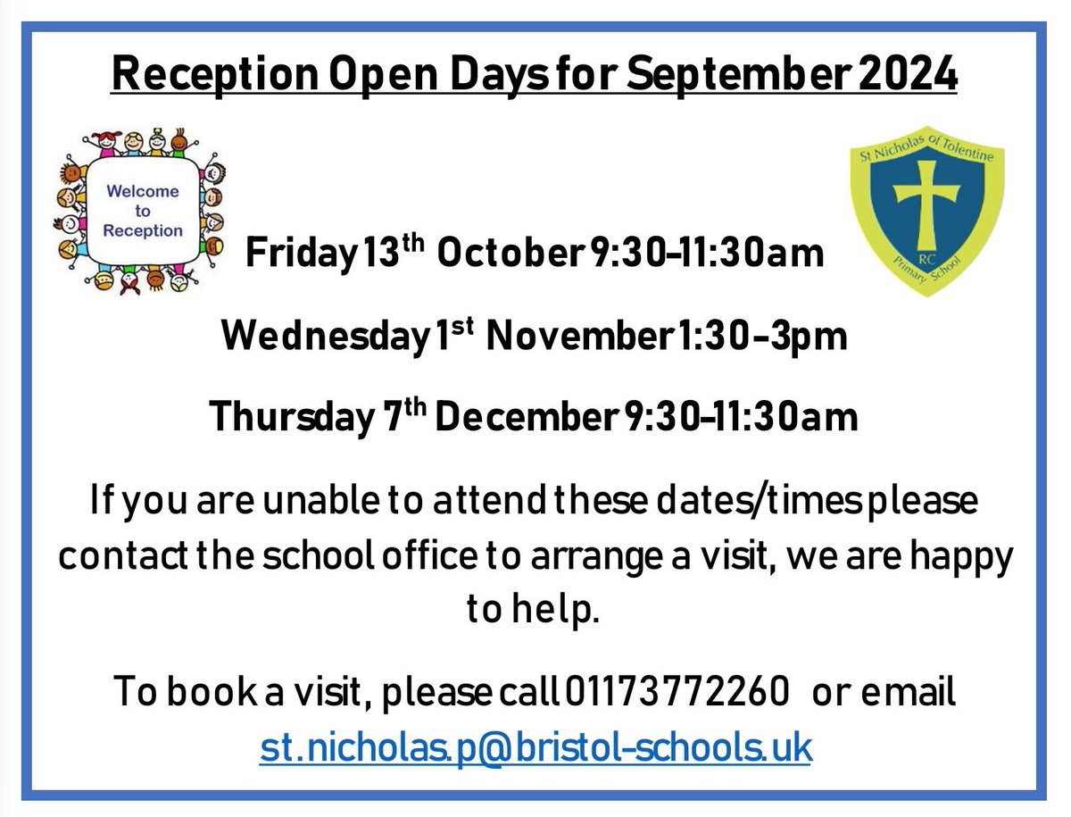 Reception for September 2024! Open Days are confirmed, call or email the school office to book your space. If you cannot attend the below dates then please let us know as we will happily find a slot which is convenient for you! Thanks