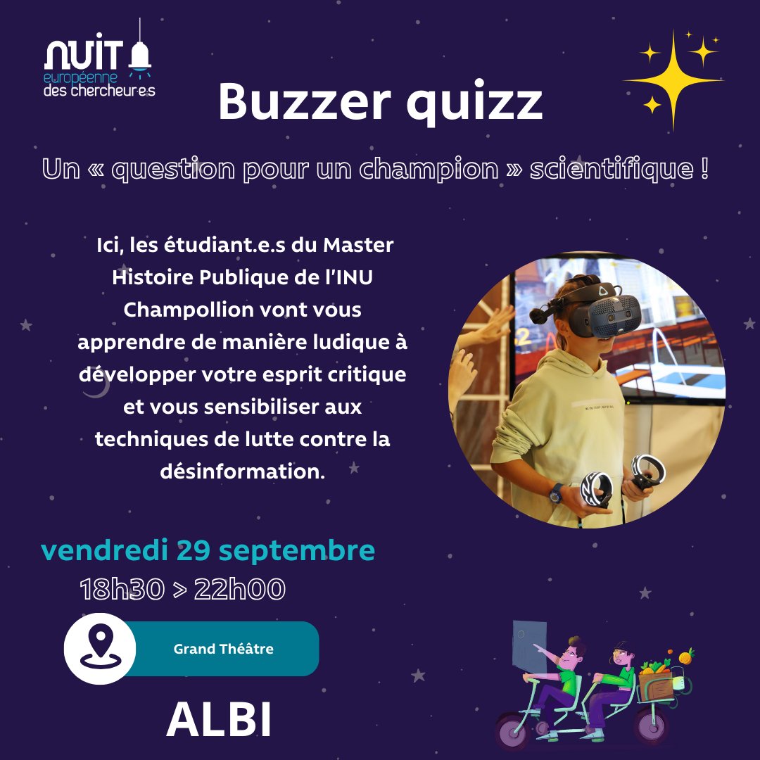 NuitChercheurs's tweet image. [ALBI ✨] Aujourd&apos;hui, nous imaginons le futur avec de nombreuses pistes possibles expérimentées par les chercheuses et chercheurs @imtminesalbi et @UnivChampollion. On vous dévoile ici une partie de la #programmation de la @NuitChercheurs albigeoise. imt-mines-albi.fr/fr/actus/nuit-…