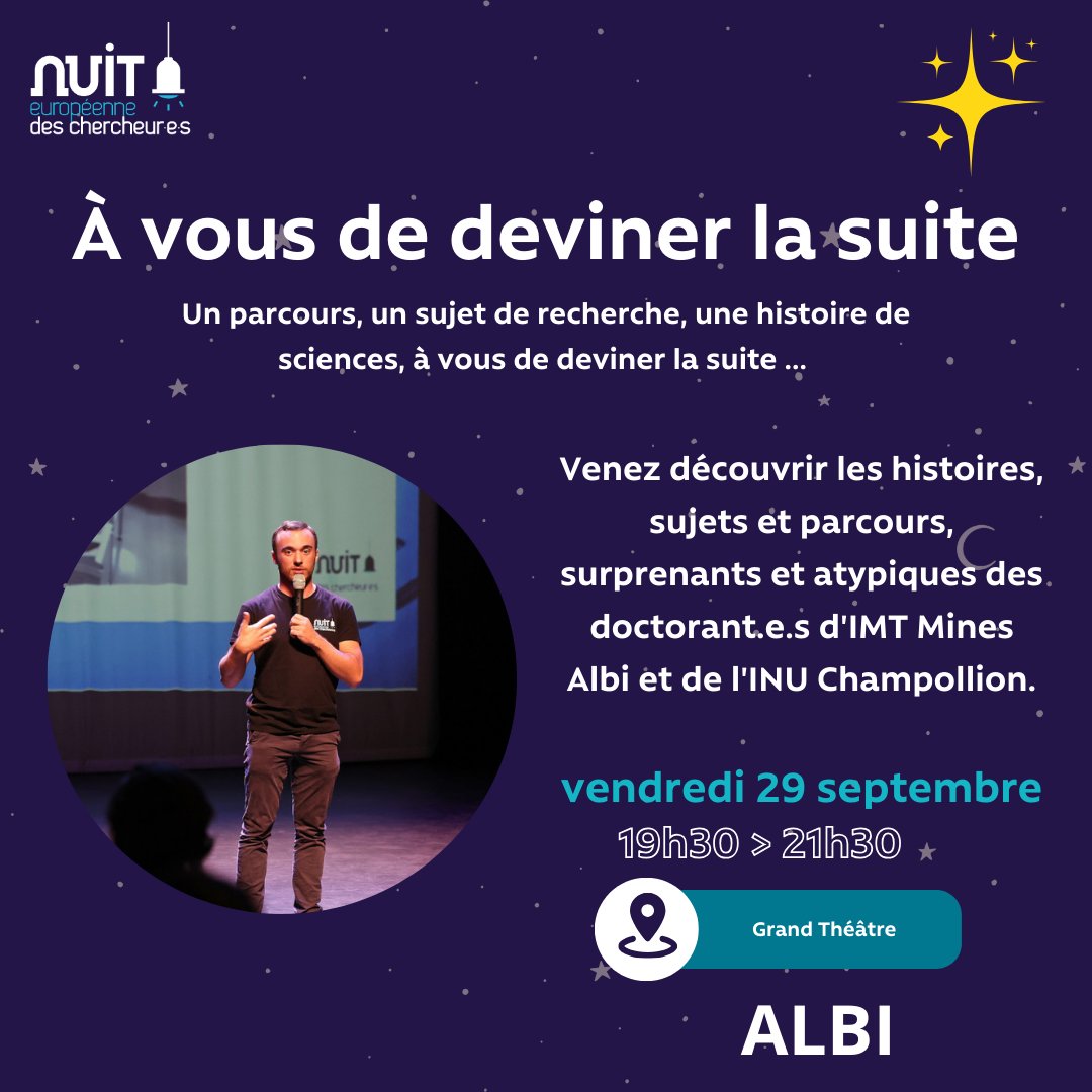 NuitChercheurs's tweet image. [ALBI ✨] Aujourd&apos;hui, nous imaginons le futur avec de nombreuses pistes possibles expérimentées par les chercheuses et chercheurs @imtminesalbi et @UnivChampollion. On vous dévoile ici une partie de la #programmation de la @NuitChercheurs albigeoise. imt-mines-albi.fr/fr/actus/nuit-…