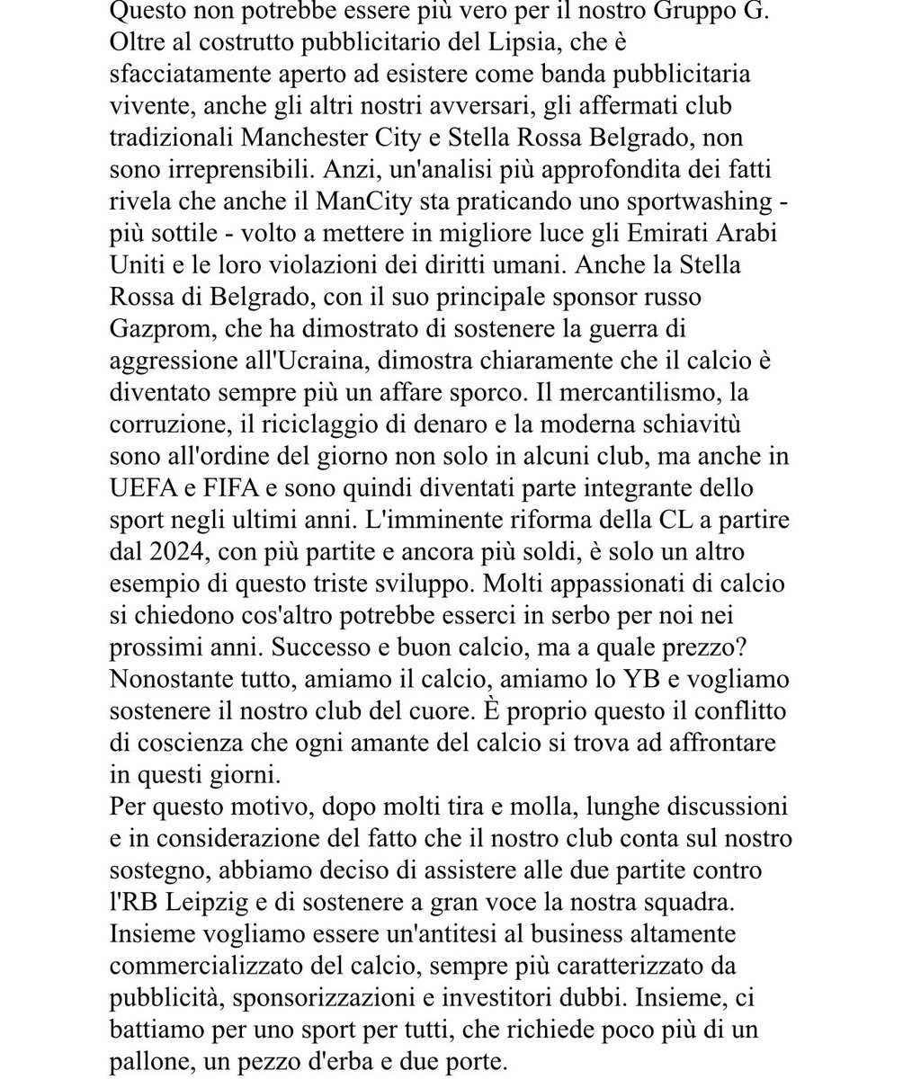 contidav's tweet image. Il comunicato (tradotto in italiano) della curva dello Young Boys contro:
🇩🇪: Lipsia, Redbull
🏴󠁧󠁢󠁥󠁮󠁧󠁿: ManCity, sportwashing
🇷🇸: Stella Rossa, Gazprom
#championsleague