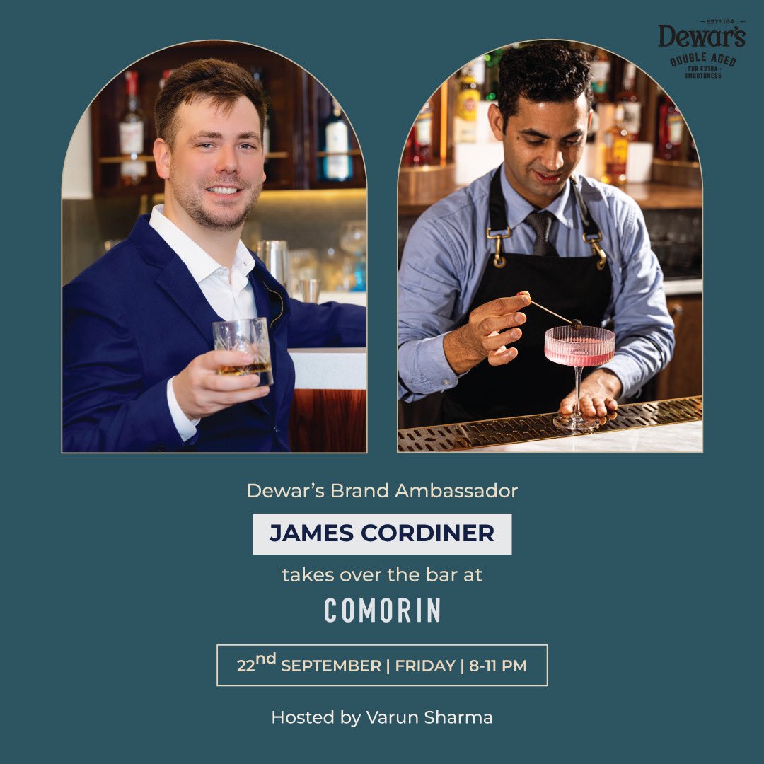 This Friday, join us for an exclusive guest shift featuring James Cordiner @james_cordiner, Brand Ambassador, Dewar’s <a href="/dewars/">Dewar's</a>, hosted by @varunmixologist, as they whip up some of Comorin’s signature drinks together! 
Date: Friday, 22nd September 2023
Time: 8 PM - 11 PM