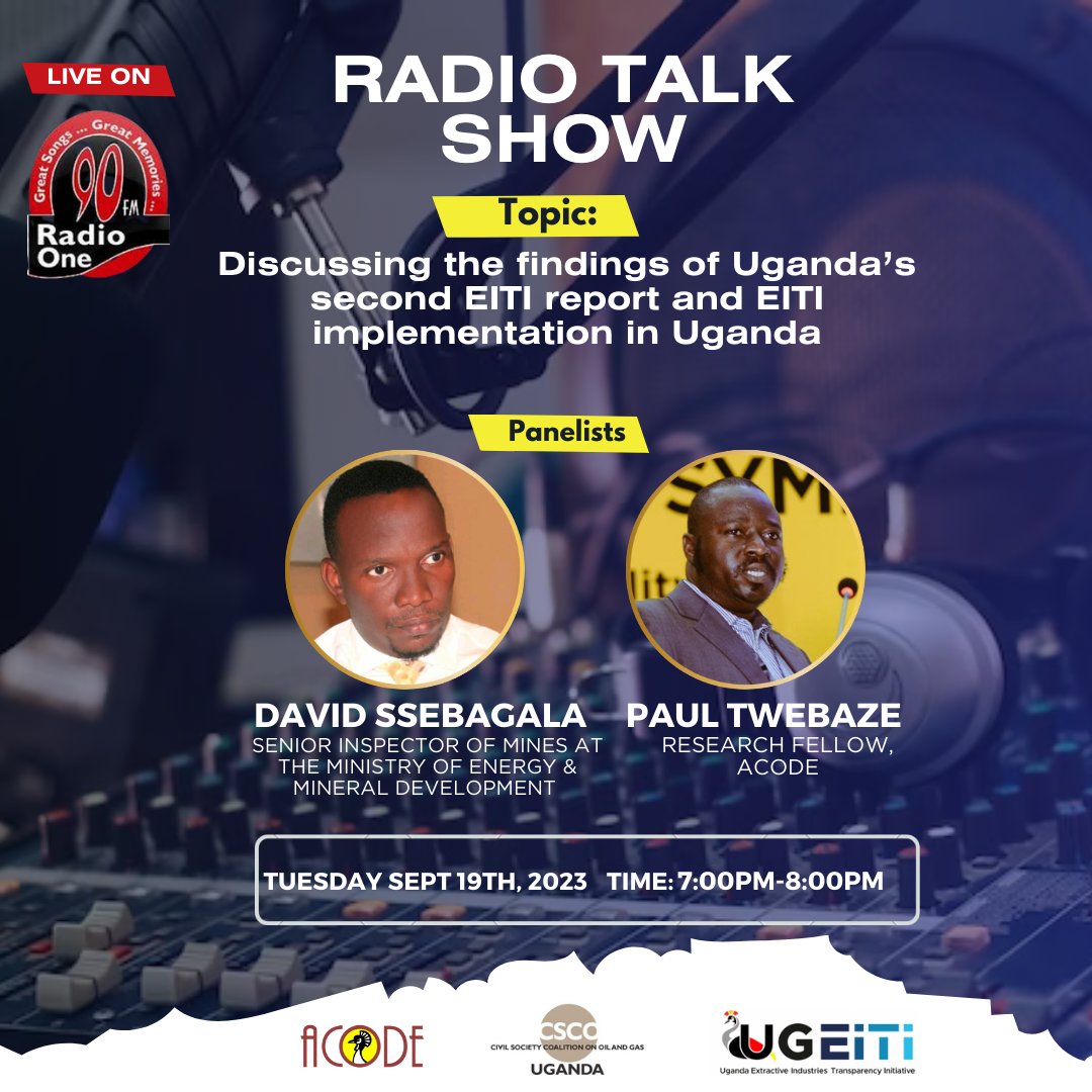 Following the launch of the 2nd EITI report, @ACODE_Uganda have organized a talk show on @RadioOneFM90, this evening to discuss further the findings of the report and its implications.
Don't miss out.
#Transparency
#ExtractivesUg