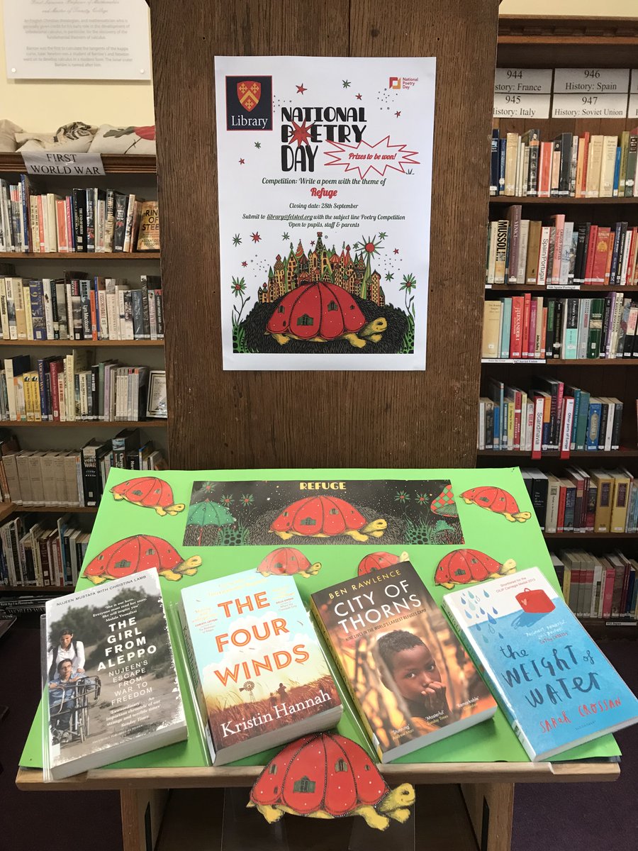 To celebrate National Poetry Day in October, the Library is running a poetry competition with the theme of REFUGE, and is open to all PUPILS, PARENTS and STAFF.
Please submit your poem to library@felsted.org
Closing date: 28th September.