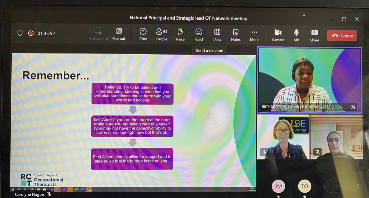 Mary Harvey (@maryharveyot) on Twitter photo Wise words on #Equality #Diversity #inclusion from @OdethRichardson at the <a href="/principal_leads/">Principal & Strategic Lead Occupational Therapists</a> #SocialCareOT meeting this morning 💚💚💚
Top tips for equality, diversity and inclusion: be patient, self-care and find allies. 💚 Wise words on #Equality #Diversity #inclusion from @OdethRichardson at the <a href="/principal_leads/">Principal & Strategic Lead Occupational Therapists</a> #SocialCareOT meeting this morning 💚💚💚
Top tips for equality, diversity and inclusion: be patient, self-care and find allies. 💚