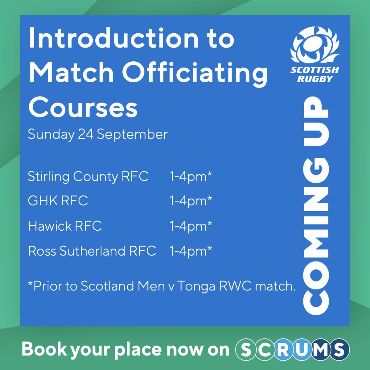 Scottish Rugby Game Development (@scotrugbycoach) on Twitter photo 4⃣ x Introduction to Match Officiating courses are taking place this Sunday (24 September, 1-4pm) ahead of the Scotland Men v Tonga RWC match - <a href="/HawickRFC/">Hawick RFC</a> <a href="/StirlingCounty/">Stirling County RFC</a> <a href="/rsrfc/">Ross Sutherland Rugby Club</a> <a href="/GHKRFC/">GHK Rugby</a>
There's still time to sign-up to start to Match Officiating journey ✅
Visit SCRUMS to 4⃣ x Introduction to Match Officiating courses are taking place this Sunday (24 September, 1-4pm) ahead of the Scotland Men v Tonga RWC match - <a href="/HawickRFC/">Hawick RFC</a> <a href="/StirlingCounty/">Stirling County RFC</a> <a href="/rsrfc/">Ross Sutherland Rugby Club</a> <a href="/GHKRFC/">GHK Rugby</a>
There's still time to sign-up to start to Match Officiating journey ✅
Visit SCRUMS to