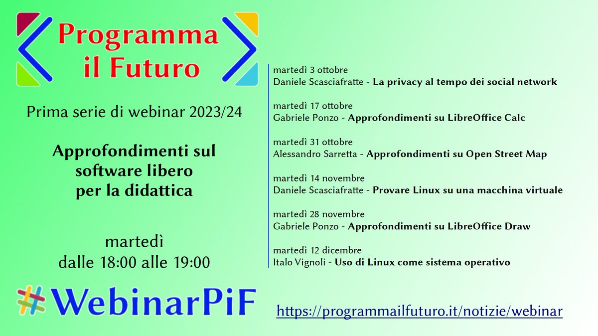 ProgrammaFuturo's tweet image. Tornano i #webinar di #ProgrammailFuturo
qui i prossimi appuntamenti del martedì
orario: dalle 18.00 alle 19.00 programmailfuturo.it/notizie/webinar
Il primo #webinarPIF
martedì 3 ottobre – Daniele Scasciafratte – La privacy al tempo dei social network
#SaveTheDate