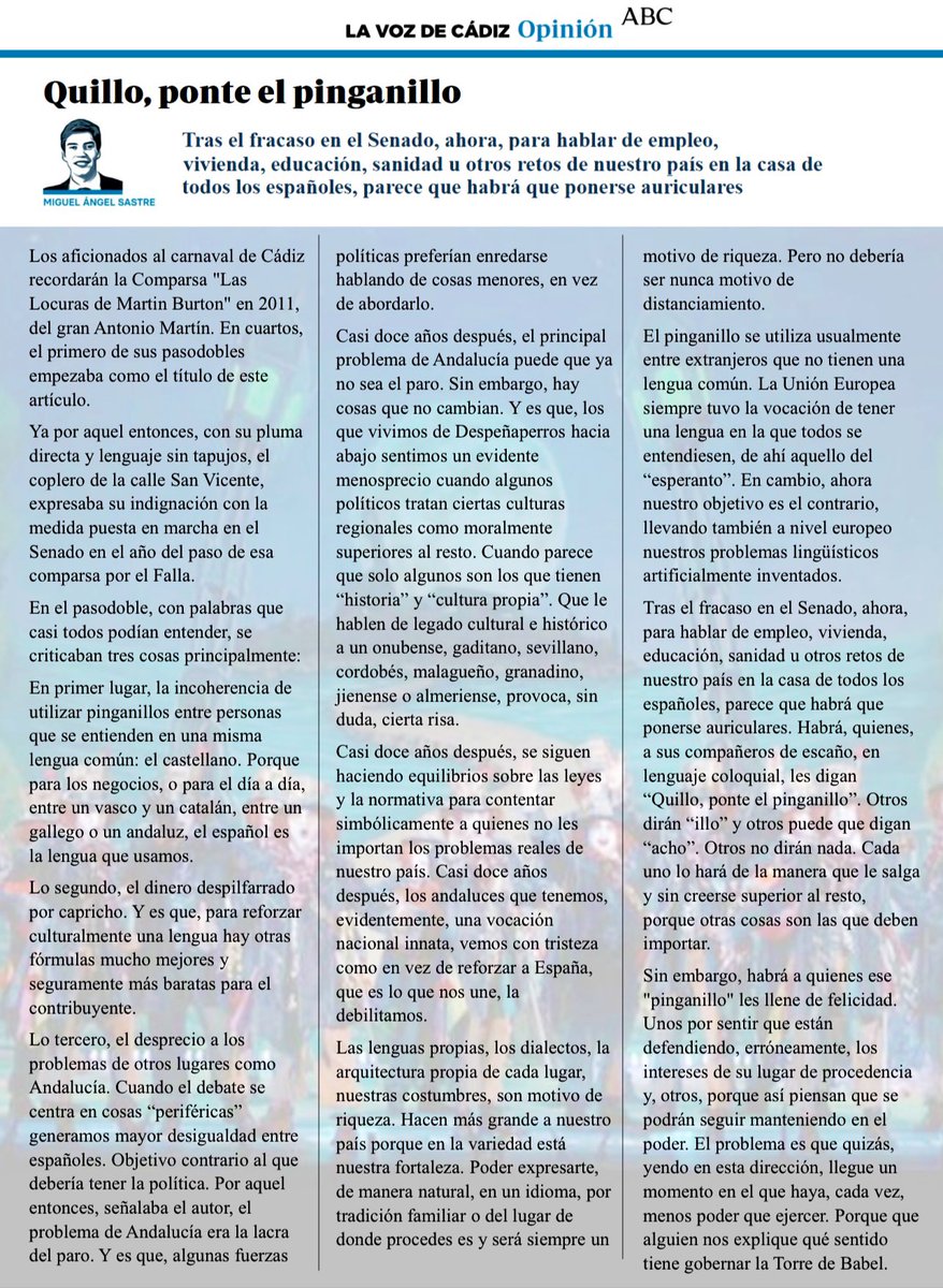 En riguroso directo desde el Congreso.

Siempre quise que la gran <a href="/LaComparsadeAM/">Antonio Martín</a> me inspirase en algún artículo. Una pena que ya en 2011 acertase en esto que vivimos hoy.

Mi columna <a href="/LaVozdeCadiz/">La Voz de Cádiz</a> <a href="/Vocento/">Vocento</a> <a href="/abc_es/">ABC.es</a>
