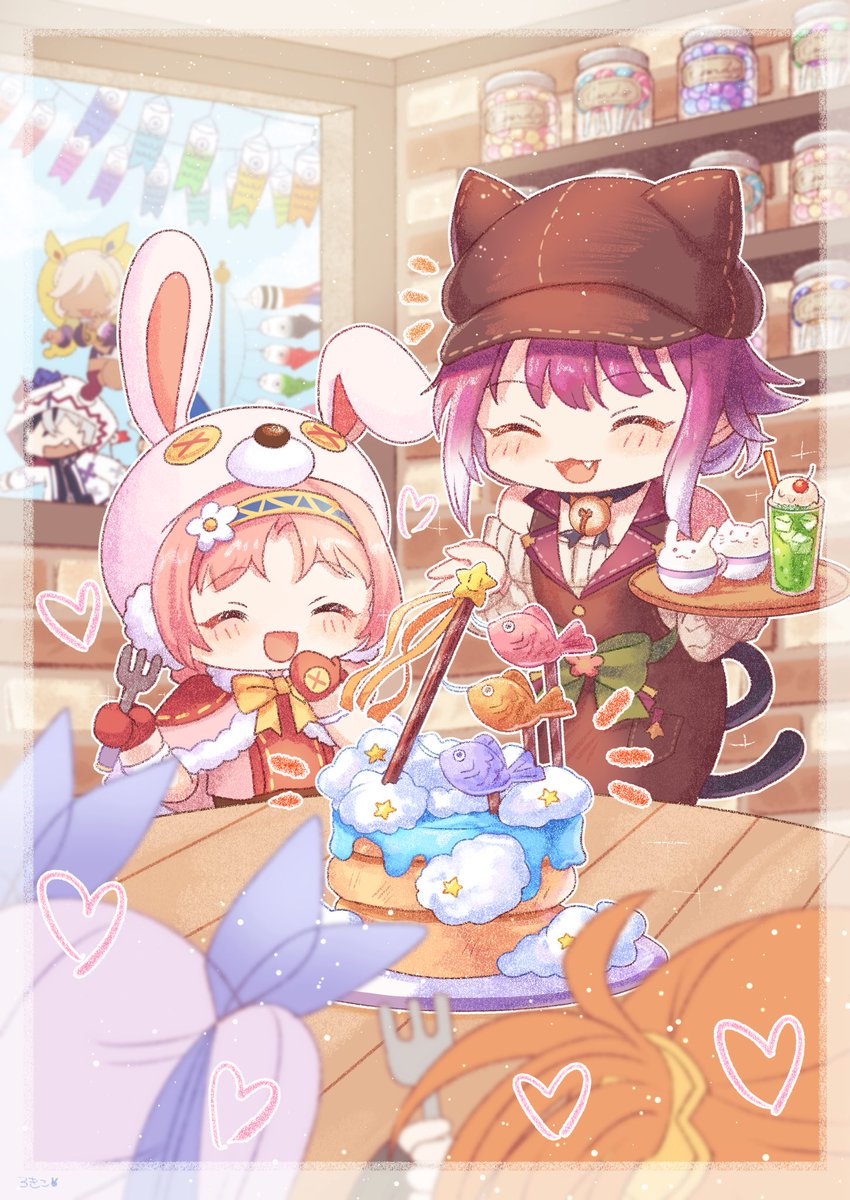 kyouka (princess connect!) animal hat multiple girls bunny hat hat purple hair closed eyes fang  illustration images