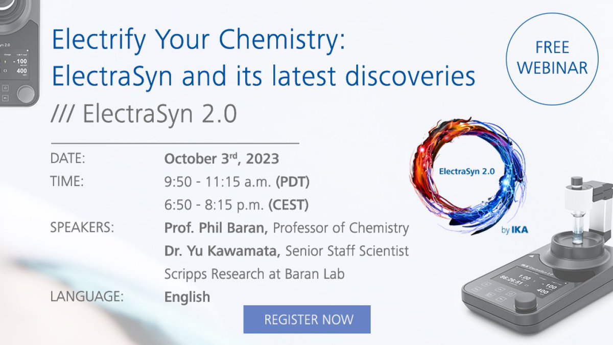Have you registered yet? ⚡ Save your spot now and explore the future of electrochemistry with ElectraSyn 2.0.

Register now: ika.com/en/Knowledge-C…

#webinar #ElectraSyn #electrochemistry #designedforscientists #synthesis #reactions #IKA #chooseika #lookattheblue
