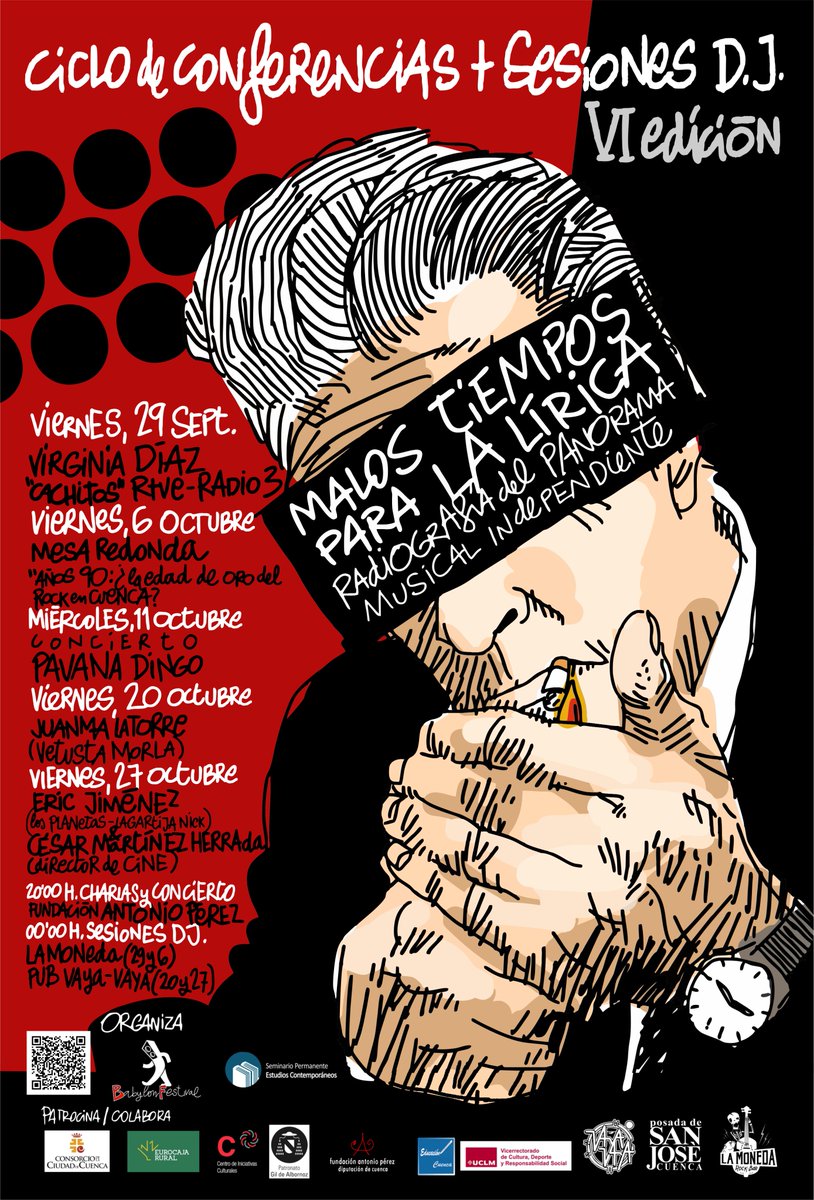 Babylon Festival (@BabylonCuenca) on Twitter photo 2023-09-19 11:04:21 Os presentamos el cartel de la VI Edición del ciclo 'Malos Tiempos para la Lírica: Radiografía del panorama musical independiente'. Como en las ediciones anteriores, el autor es el artista conquense #ElManchas Vamos al lío!!!!! 🔥🔥 Os presentamos el cartel de la VI Edición del ciclo 'Malos Tiempos para la Lírica: Radiografía del panorama musical independiente'. Como en las ediciones anteriores, el autor es el artista conquense #ElManchas Vamos al lío!!!!! 🔥🔥