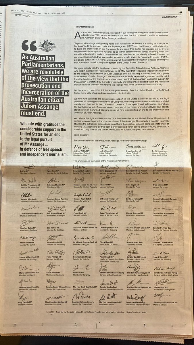 Page 7 of the Washington Post today the September 19th. 64 Australian Parliamentarians calling for Julian’s freedom. 6 of the signers arrive in DC today to bring the message in person. @WilkieMP @Josh4Freo @DavidShoebridge @BridgetArcherMP