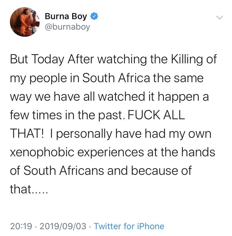 Ofs5B's tweet photo. This Burna Boy was paddling misinformation about  South Africans... claiming that we're killing Nigerians. He posted  this nonsense after a Nigerian bastard was caught selling drugs to school kids.....he must  perform in an empty stadium. Voetsek!! https://t.co/J5TtBHpmZT