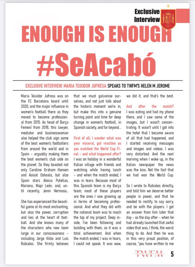 The new bumper, double issue of @womensfootiemag might be the best yet! Features my exclusive in-depth interview with <a href="/MariaTeixidor/">Maria Teixidor</a> about the fallout in Spain 🇪🇸 before and after winning <a href="/FIFAWWC/">FIFA Women's World Cup</a> #SeAcabo (here’s 👇🏽 the first two pages) and you can buy/subscribe online 1/3