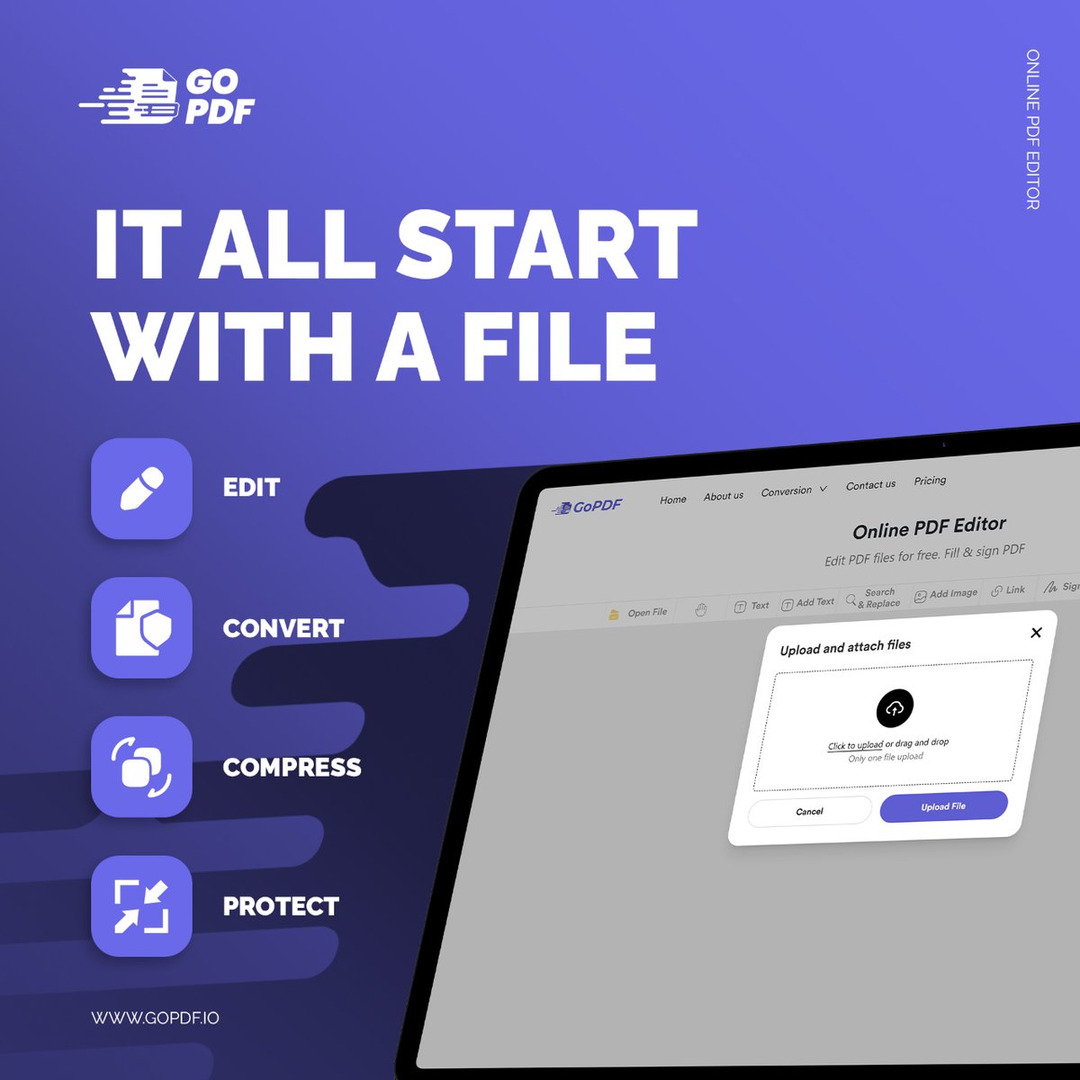 GoPdfio's tweet photo. Ready to take your PDF files to the next level? It all starts with just one file! With https://t.co/ThCYeUL6oK, you can edit, compress, crop &amp; more – all in one place. Unleash the power of PDFs! #gopdf #pdf https://t.co/usU3kVvK0e