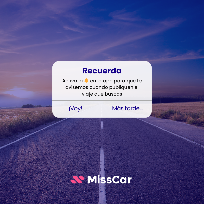 misscar_es's tweet photo. ¡Recordatorio MissCar! No dejes para más tarde, lo que puedes hacer ahora. Activa tu alerta de viaje ya 🔔 y no te quedes sin el destino que tanto tiempo llevas esperando.
#viajes #alertadeviaje #carpooling #compartircoche #compartirviaje #mujeresviajando #MissCar