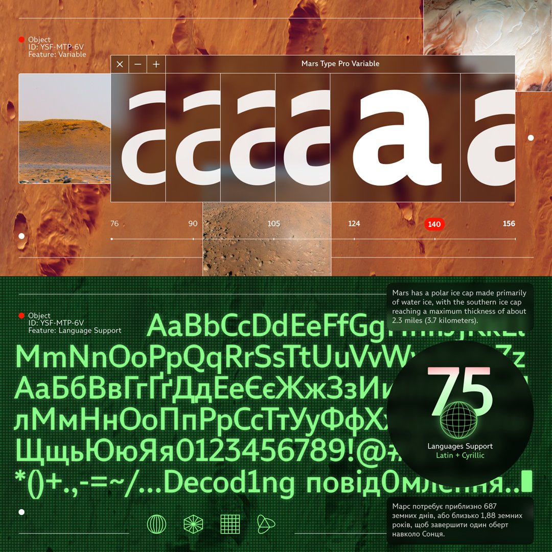 Rentafont's tweet photo. Variable typeface Mars Type PRO (7 fonts) by Yevgen Sadko: https://t.co/PGasOKDk8Y

Desktop License — from $15
Desktop Rent — from $0 to $2
Web Font Service — from $2.40
2900+ fonts in subscription — from $15/month

#cyrillic #rentafont #mars #marstype #variablefont #scifi https://t.co/K0TCkb1T6X